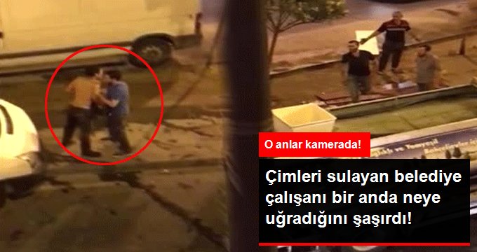 Sulama çalışması yapan belediye çalışanı çimlerde uyuyan kişi tarafından dayak yedi! Kamera kayıttaydı